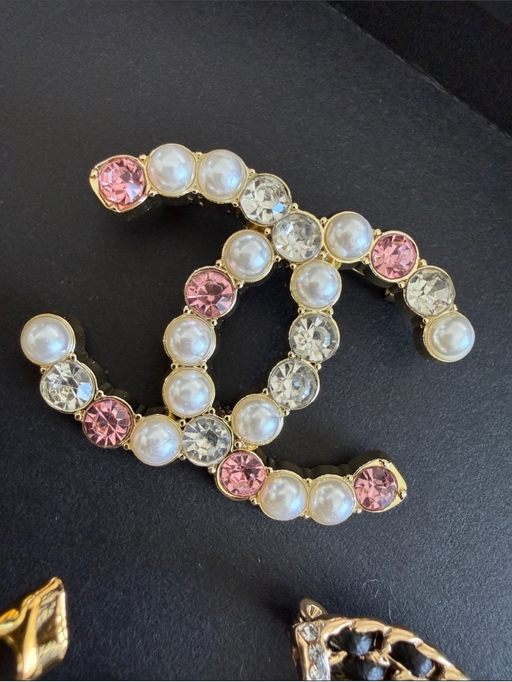 LAST ONE CC Gold-Tone Pearl & Pink Crystal Interlock Brooch